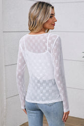 White Bow Pattern Long Sleeve Slim Fit Mesh Top
